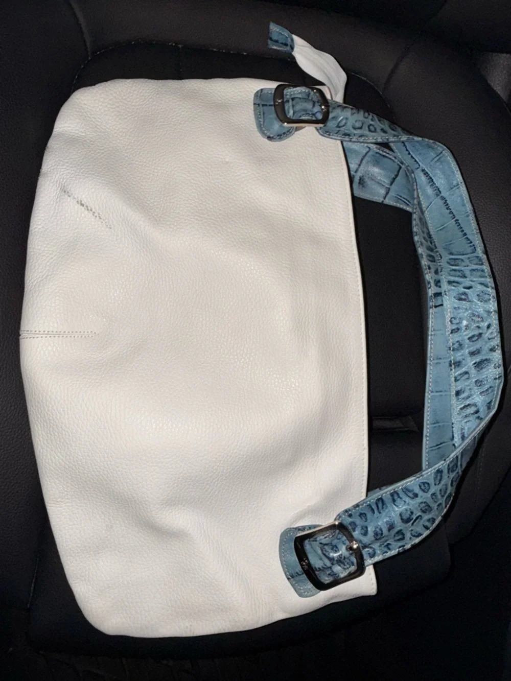 White Leather Shoulder Bag with Blue Croc-Effect Strap PETUSCO - Picture 3 of 16
